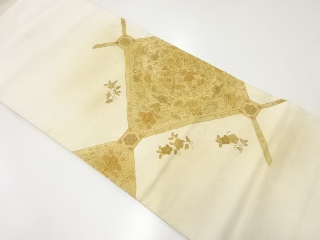 アンティーク　汕頭刺繍蜀江文に花鳥模様袋帯（材料）